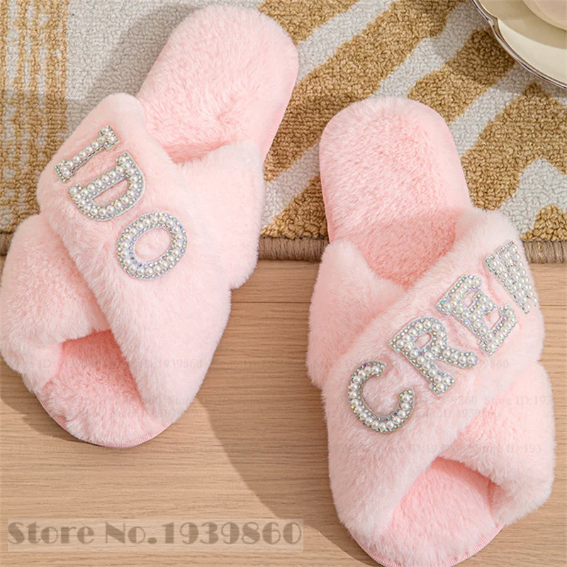 Bride Pearls Fluffy Slippers Sandals Honeymoon Shower Shoes Wedding Photo Props Wedding Supplies Bridesmaid Sandal Zapatos Mujer