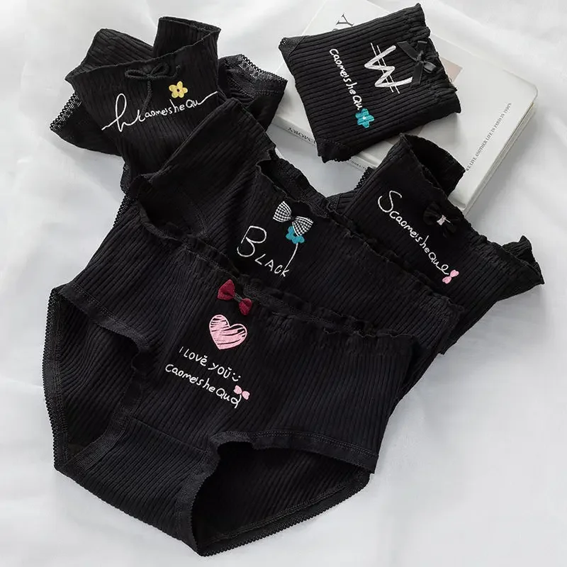 5-Piece Personalized Letter Black Mid Waist Women's Triangle Pants With Cute Bow Decoration Casual Women's Underwear