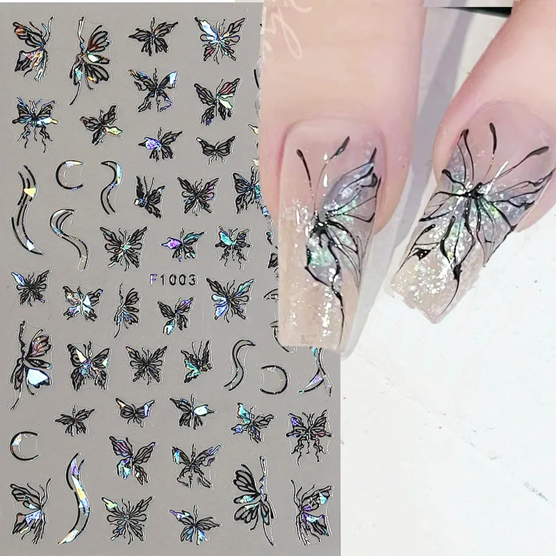 

3D Holographic Black Butterfly Nail Stickers Laser Pink White Butterflies Nail Decals Sun Moon Star Charms Manicure Deco