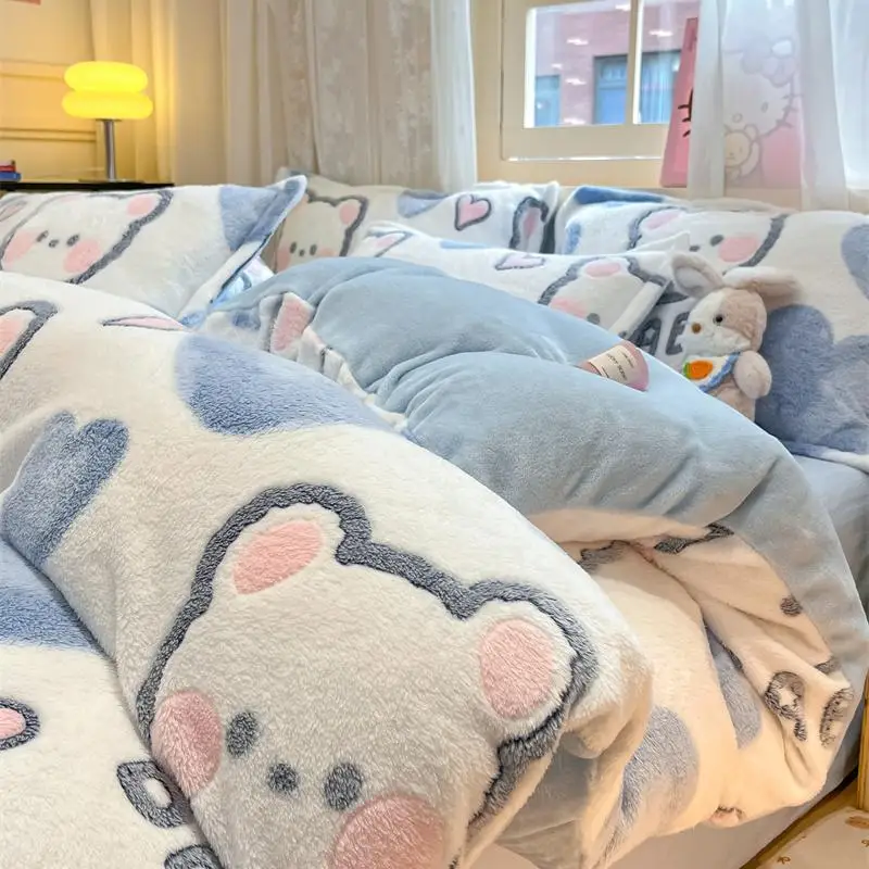Winter Warm Snowflake Velvet Bedding Set Cute Cartoon Print Dormitory Three-piece Set  Color Sheet Design Polyester Fiber