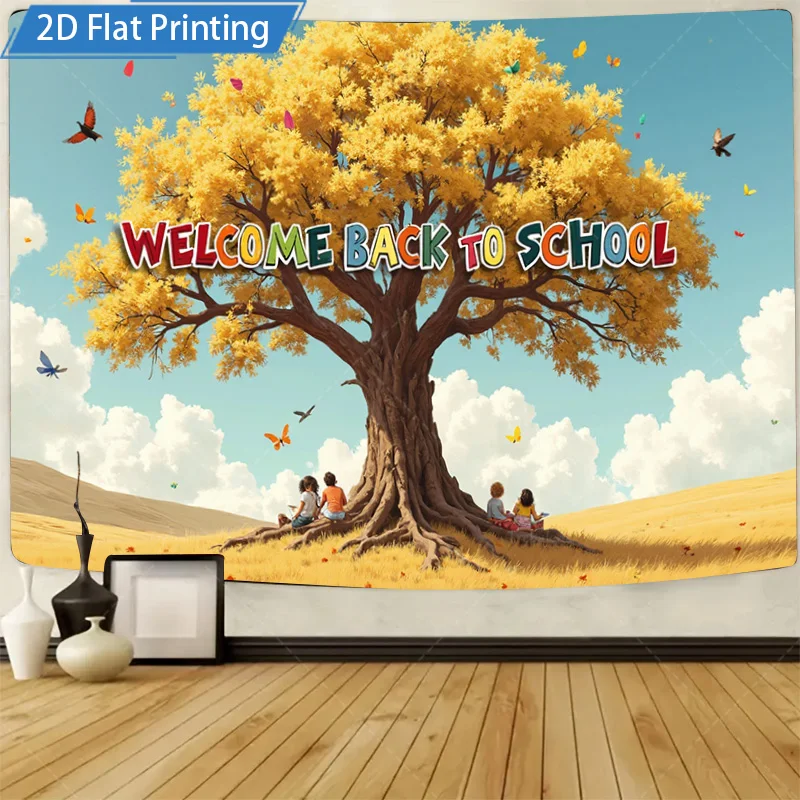[2D شقة] 1 قطعة 4x16 بوصة علامة معدنية مرحبا بكم في العودة إلى المدرسة شجرة المشهد المعادن جدار ديكور فني 2D طباعة مسطحة