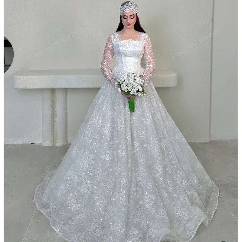 Elegant Long Sleeve Wedding Dress Organza With Embroidery Ball Gown Square Collar Full Sleeve Customized Bride Vestido De Novia