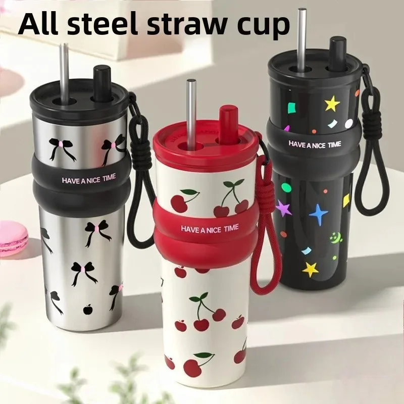 

710ML Large Capacity Stainless Steel Insulated Water Bottle with Straw Car Mounted Cute Cherry Design Drink Bottle for Women Kid