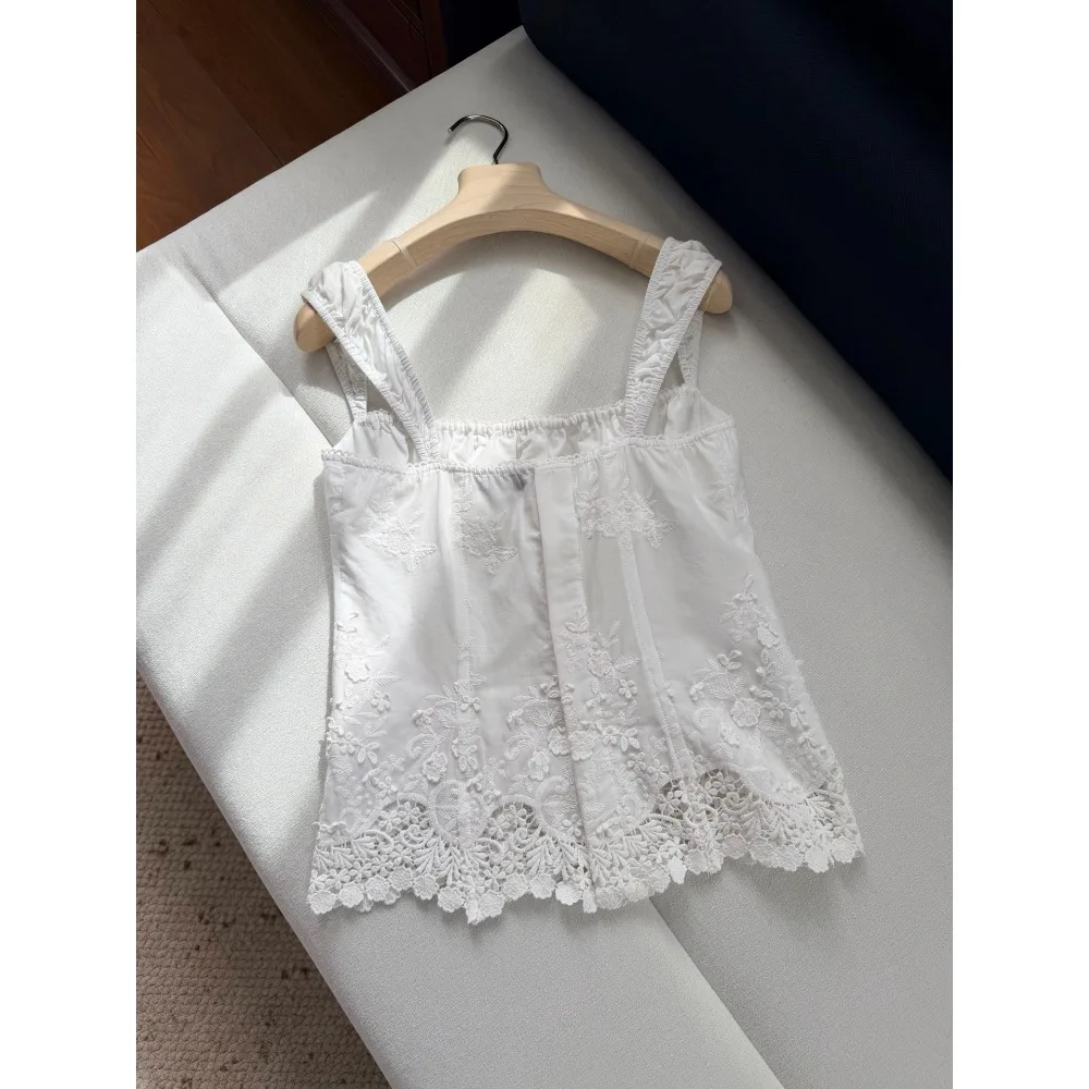 

Holiday 2026 High Quality White Embroidery Lace Midi Skirt And Vest Blouse Tops Set Cute Daily