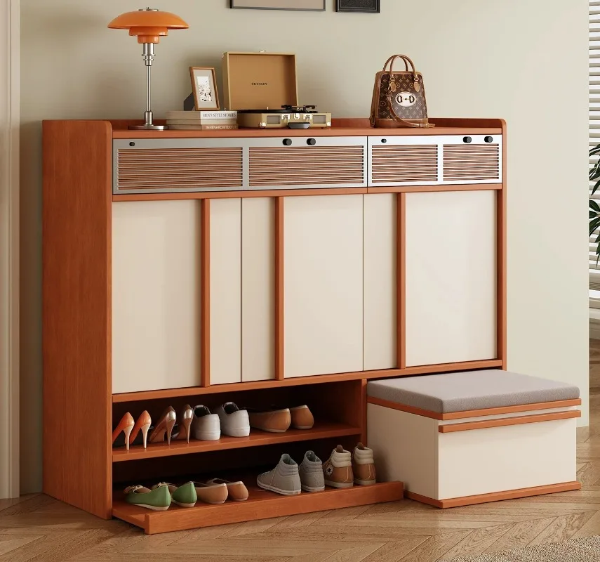 SCY solid wood medieval shoe cabinet integrated with home entrance against the wall, shoe rack, shoe change and stool