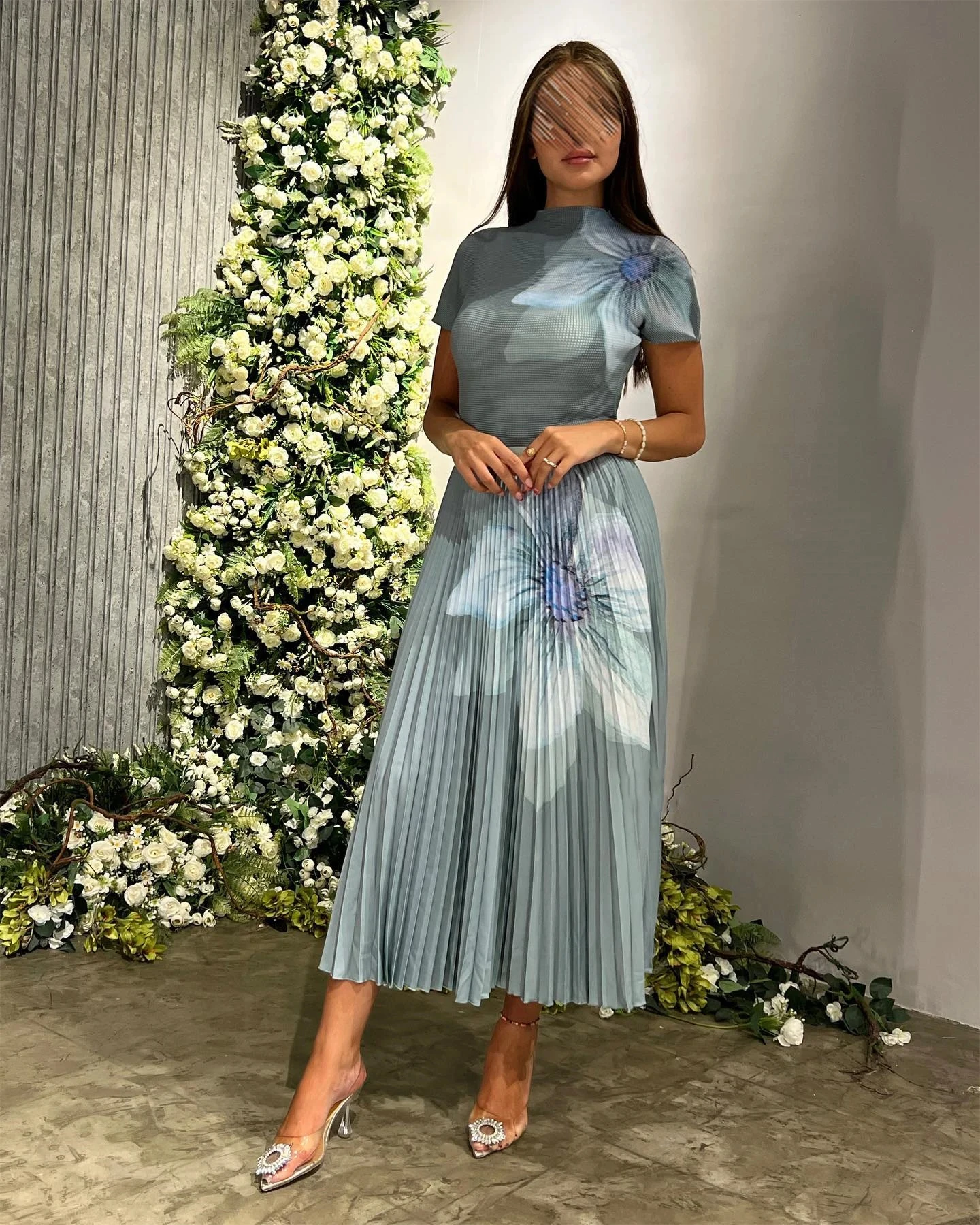 PuTao Printing Flowers Prom Dress Elastic Pleated A-Line Long Sleeves Simple Evening Dresses 2023 New Elegant Formal Party Gown