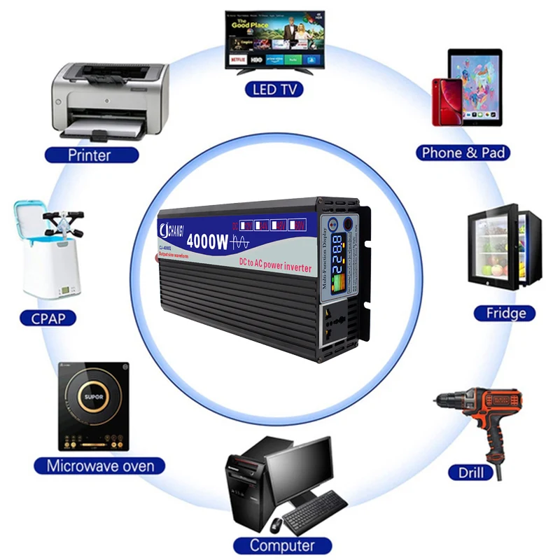 Imagem -04 - Inversor de Onda de Seno Puro 12v 220v 3000w 4000w Potência 12v 24v para ac 110v 220v 50 60hz Conversor Solar Carro Inversores Multi-função