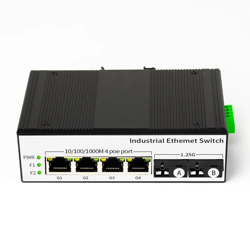 hit productIndustrial 4 Port RJ45 POE Ethernet Switch with 2 Fiber Optical SC Ports 1000Mbps 20km Transmission IP40 Protection