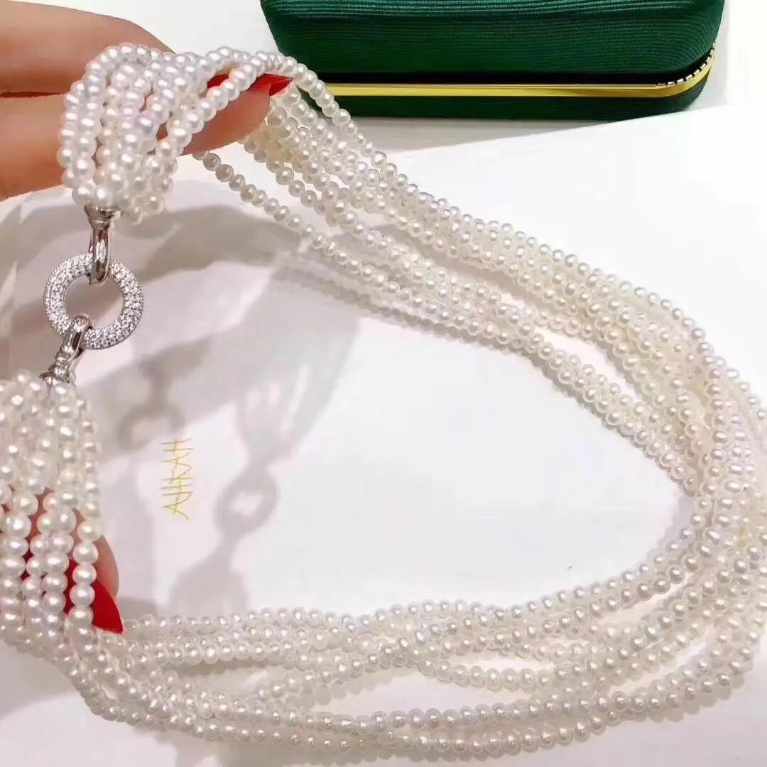 Eight Strand 4-5mm South Sea White Natural Genuine Pearl Twisted Necklace 18 Inch Multiple Rows Big Silver Clasp Free Shipping