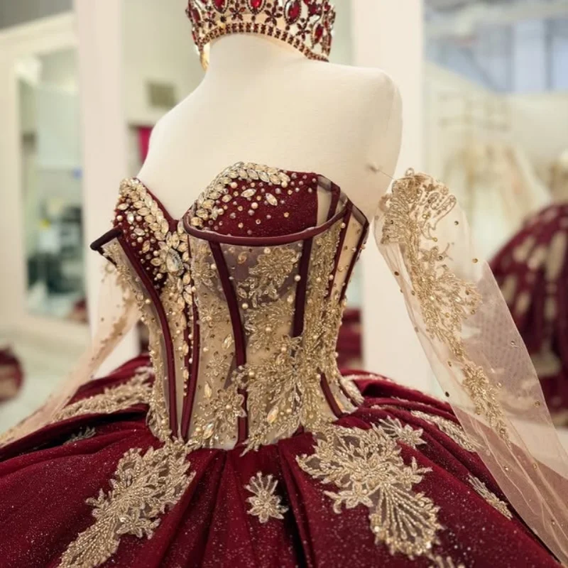 

Shiny burgundy Quinceanera Dress Lace layering crystal golden glitter decal Long tail vestidos de 15 Quinceanera ﻿Customized