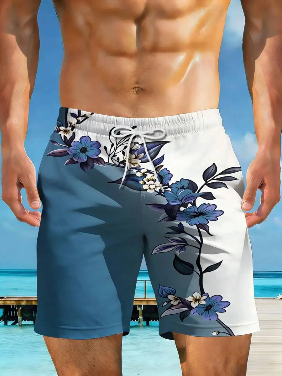 

Mens Beach Shorts With Blue Floral 3D Print Design Casual Vacation Swim Trunks