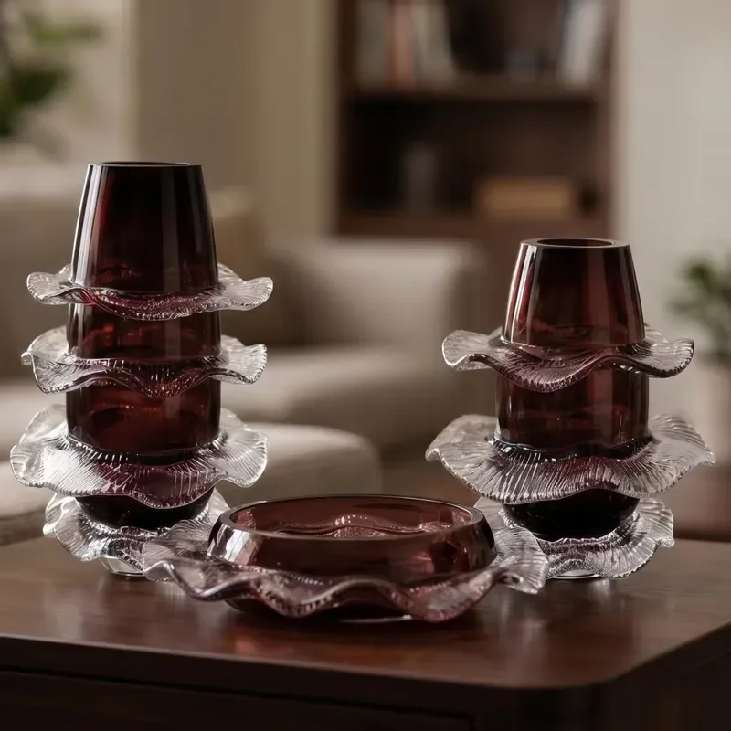 Burgundy Red Hand Blown Glass Vase High Footed Wavy Ring Design Ice Crack Pattern Centerpiece for Wedding Hotel Palace Home