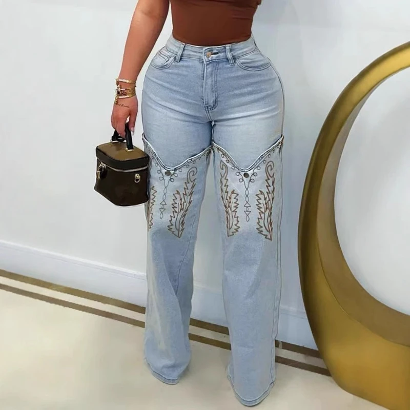 Women Denim Pants Retro Wide Leg Embroidery Jeans Straight Leg Trousers 2025 Fashion Summer Casual Lady Street Long Trousers