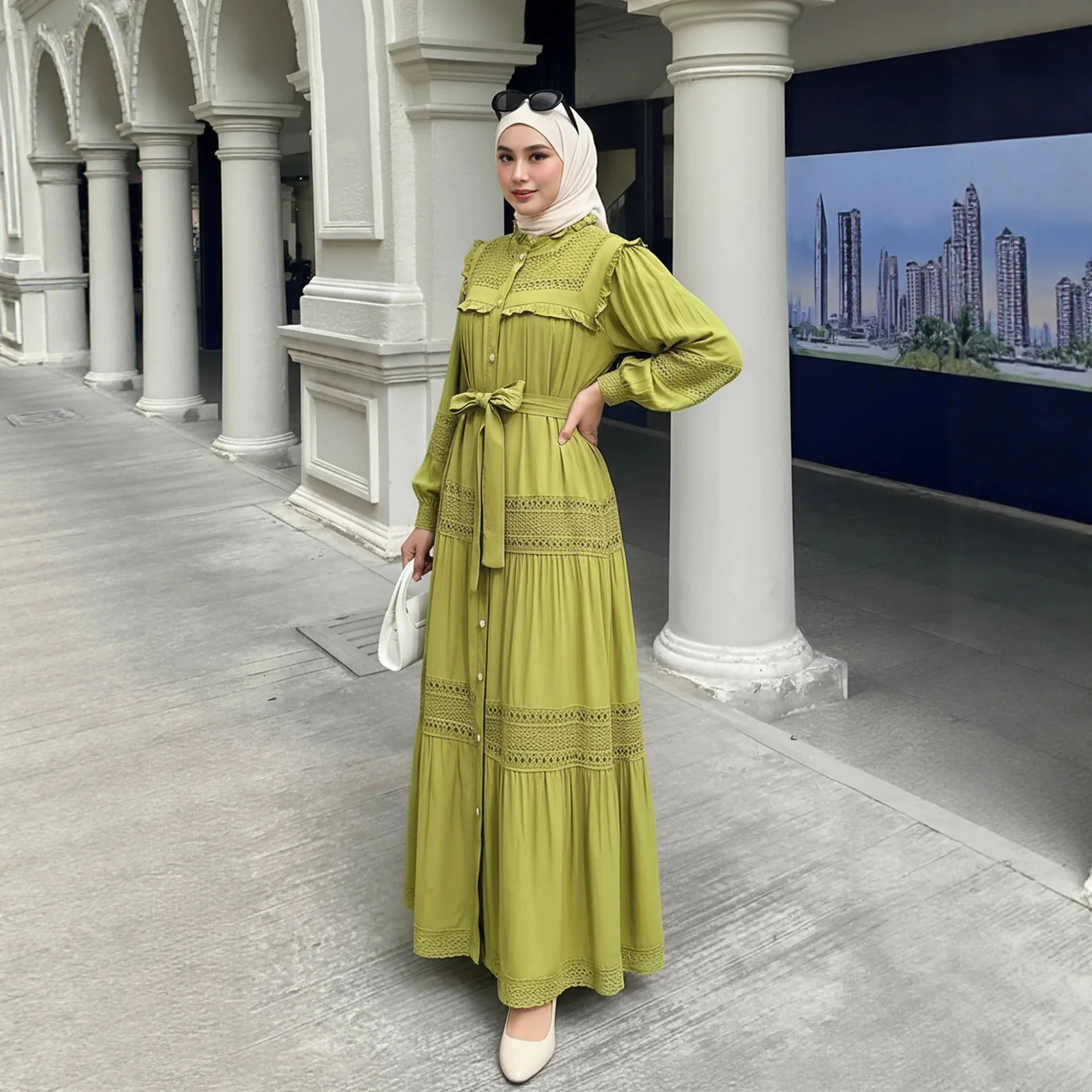 

Muslim 7-color Malay Indonesian women's lantern sleeve long dress with lace patchwork and black fungus edge stand up collar dres