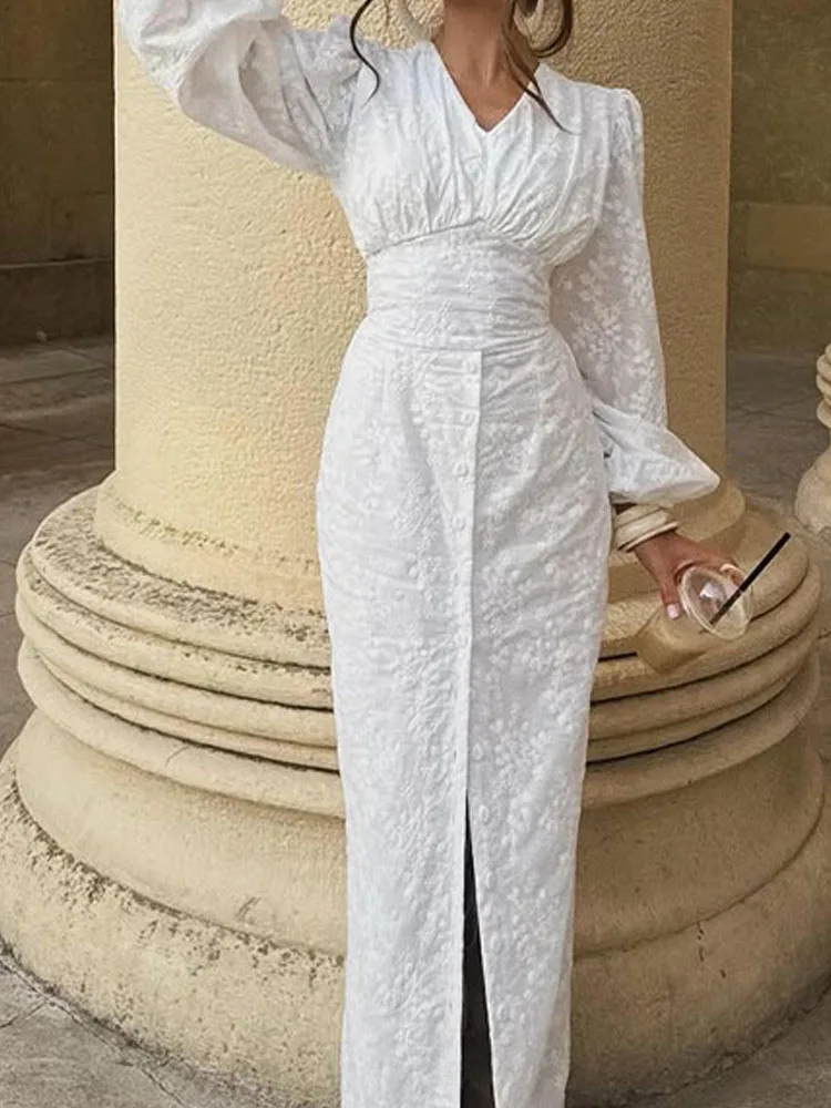 أنيقة الخامس الرقبة طويلة الأكمام الصلبة فستان طويل مثير التطريز الجوف خارج الخصر فستان الحفلات المرأة زر الموضة الدانتيل متابعة فساتين ضئيلة #1