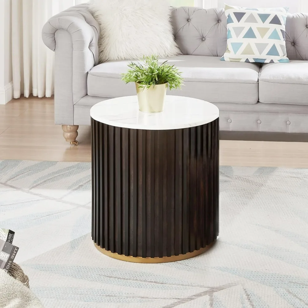 

Round Wood End Table with Marble Lid ＆ Hidden Storage, Modern Handcraft Drum End Table, Circle Wooden Ends Tables for Apartment