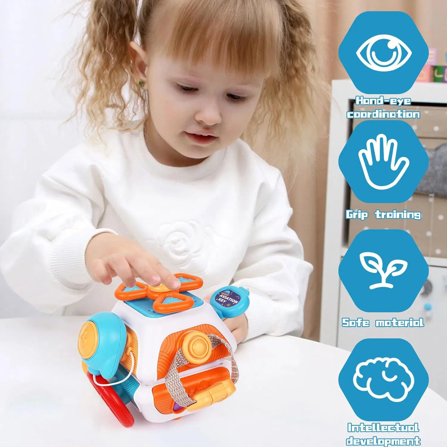 Juguetes sensoriales Montessori de cubo ocupado para bebés con 10 paneles de actividades para niños pequeños, habilidades motoras finas y aprendizaje de coordinación mano-ojo