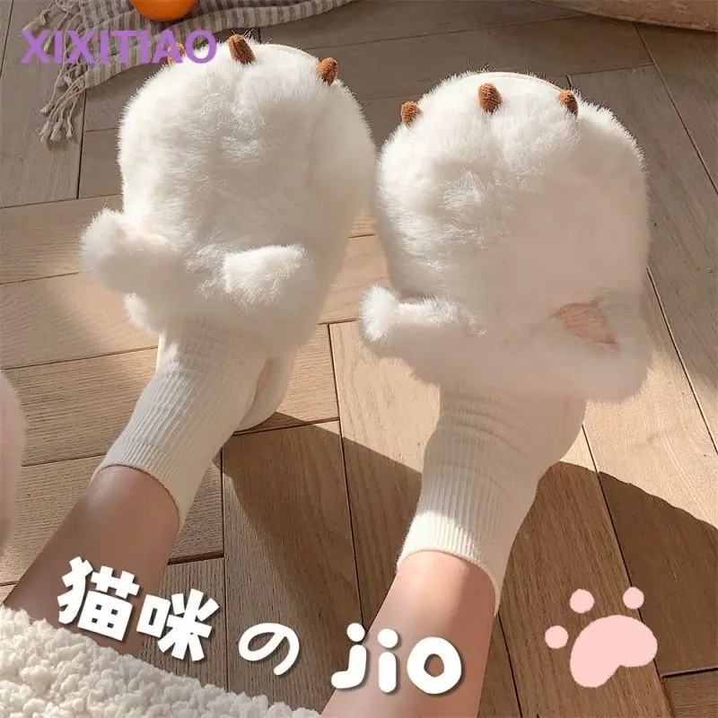 home Cat Paw Fluffy Slippers Women's Winter Warm Mules Shoes Girls Fur Slides Slipper Woman House white  Shoes Kitten Ear Design