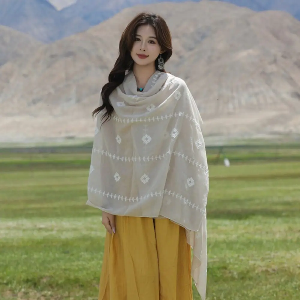 

All-match Long Embroidery Flower Scarf Bohemian Yarn Ethnic Style Wrap Thin Large Printed Silk Scarf Female