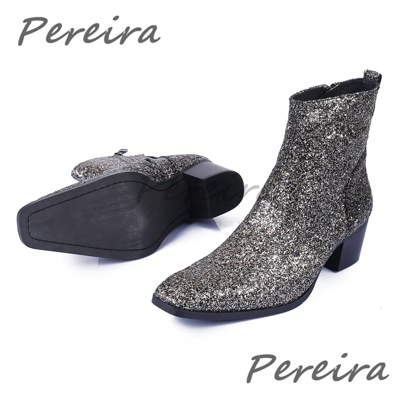 Bling Bling Sequined Cowhide Chelsea Boots Luxury Pointed Toe 6CM High Heel Short Boots Fashion Party Wedding Shoes Plus Size