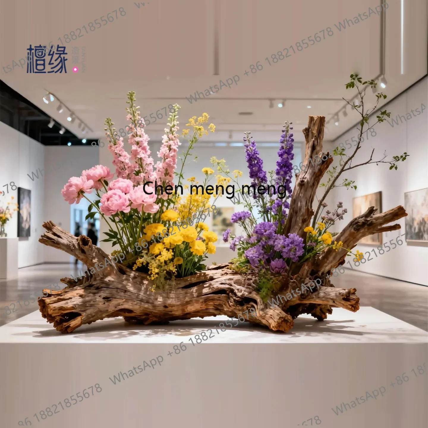 a55 Dead wood meets spring, large wooden pile floral installation, atmosphere scene arrangement restaurant hotel