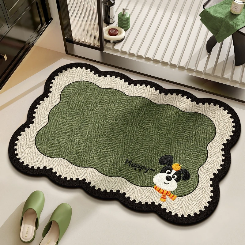 Bathroom Carpet Absorbent Non-slip Quick-drying Floor Mat Green Cartoon Geometric Pattern Rug Toilet Area Mats Home Decor Rugs