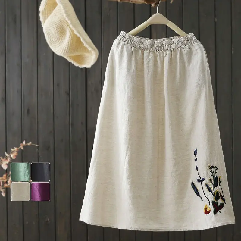 

Юбка женская из хлопка и льна средней длины с вышивкой