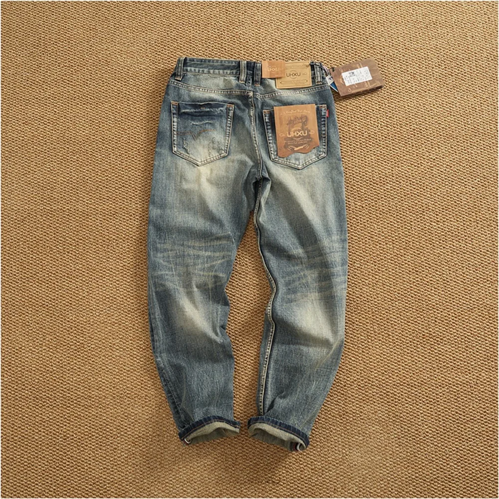Ami Kaji Heavy Jeans Men's High-end Scratched Cat Whisper Whitening and Old Washed Elastic Straight Micro-Conical Trousers