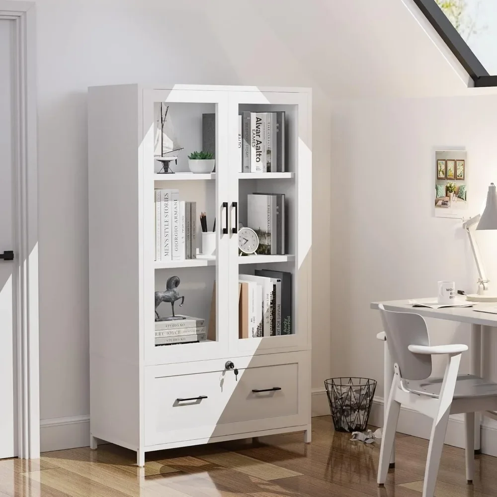 

Lateral File Cabinet with Glass Doors & Locking Drawer for Hanging Files – Adjustable Shelf Bookshelf for Home