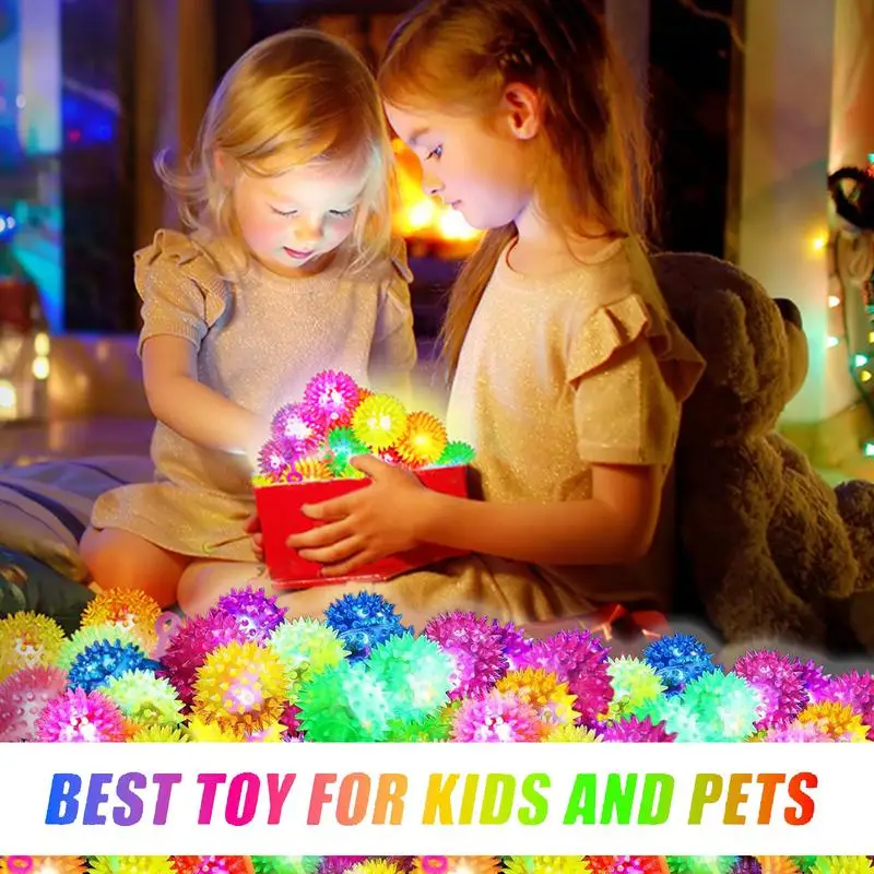 Light Up Ball Flashing Squeaky Ball LED Light Up Bouncy Ball Stress Relief Multicolor Spiky Ball Sensory Toy With Rope For Kids