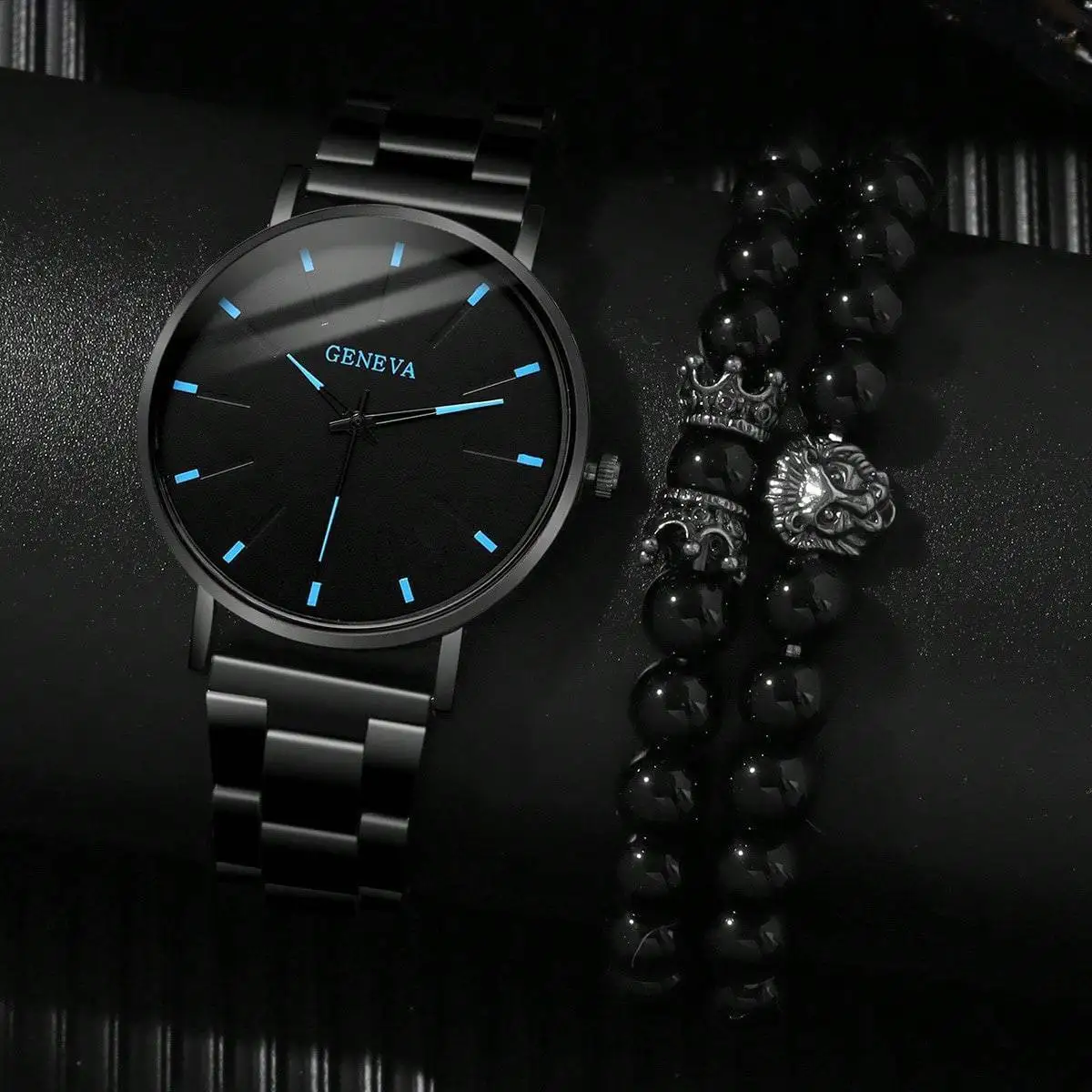 New Men's Fashion Business Steel Strap Scale Dial Quartz Watch + Crown Beaded Bracelet