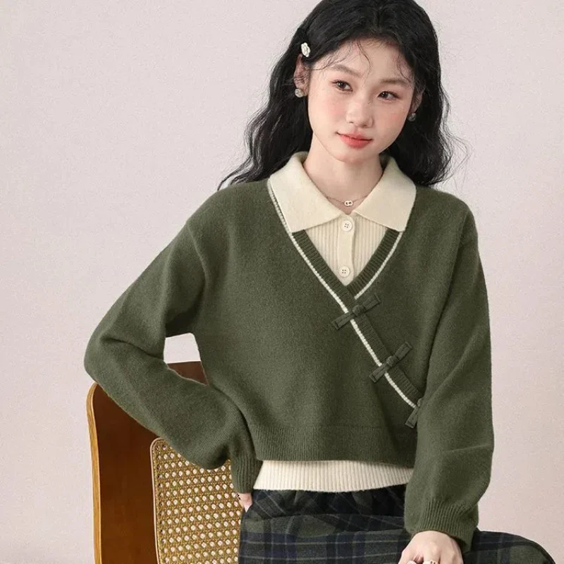 

Новинка, имитация двух ленивых зеленых свитеров в китайском стиле, женские вязаные свитера, популярные новые универсальные предметы для поездок