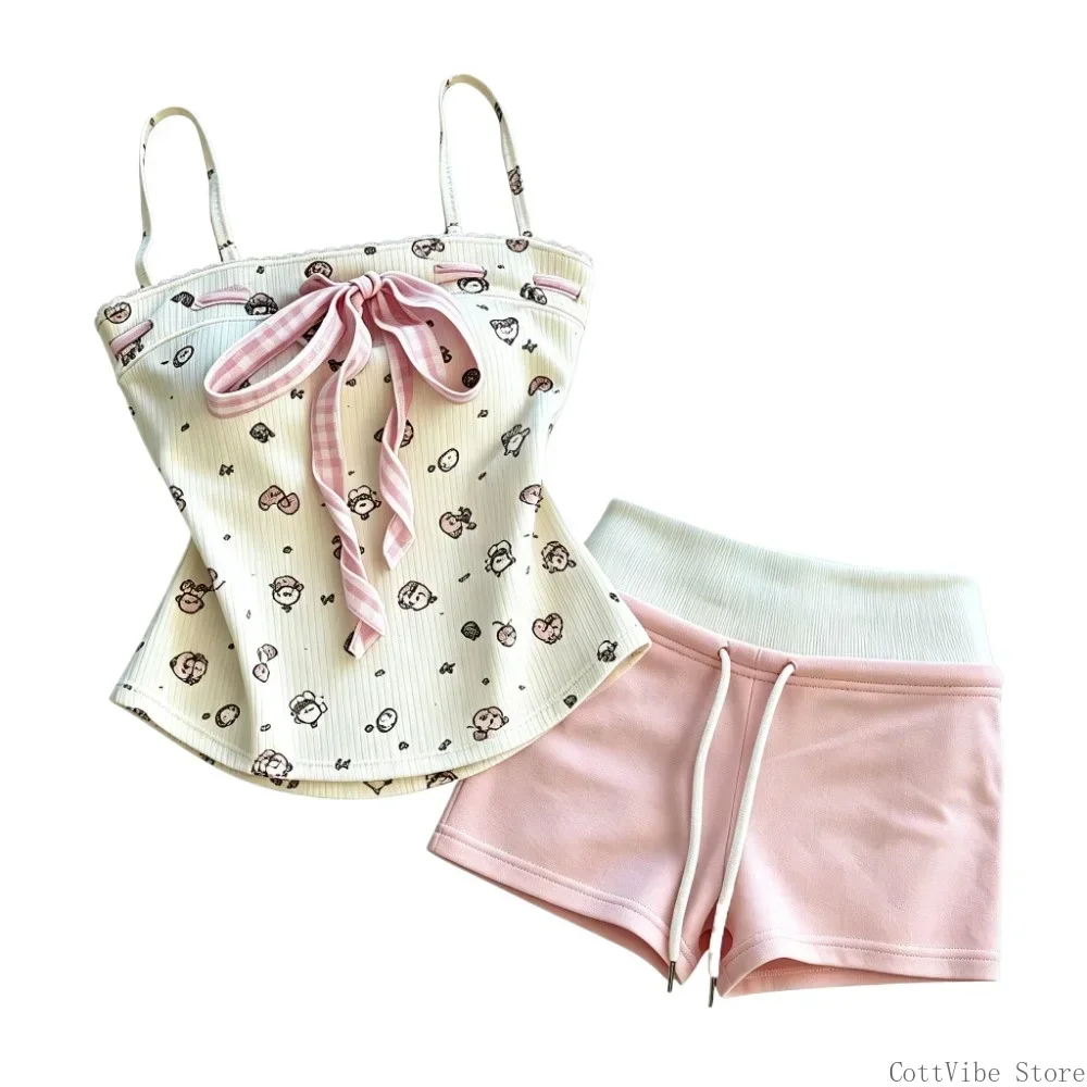 Women Summer Sweet Cartoon Print Cami Top with Built-in Bra & Drawstring Shorts Set Bow Decor Beach Y2K Loungewear Pajama Outfit