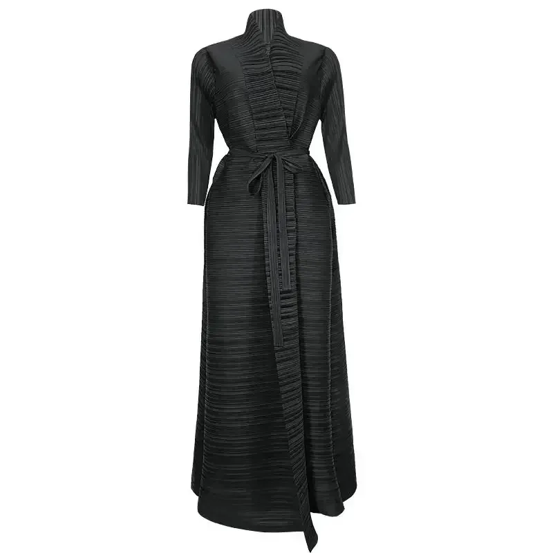 Pleats Pleated Black Gown Coat Cardigan Dress Lapel Collar Ruched Maxi Skirt Women 2024 Fall Winter Streetwear