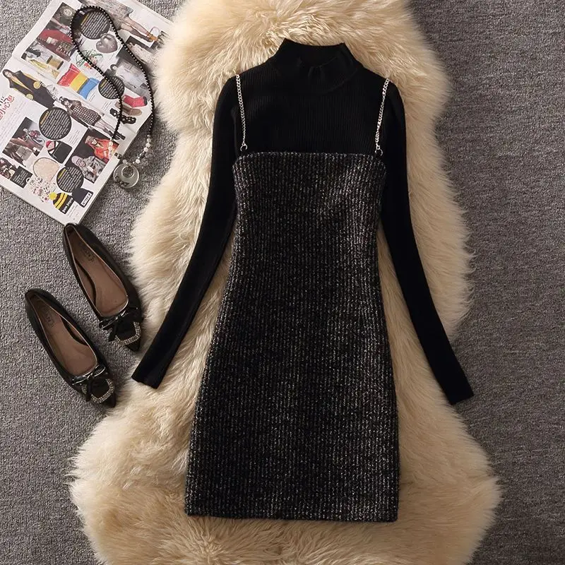 Women Korean Y2K Suit Knitted Half-turtleneck Sweater Top And Sequin Strap Dress Two Piece Set Elegant Chic Party Outfit Clothes