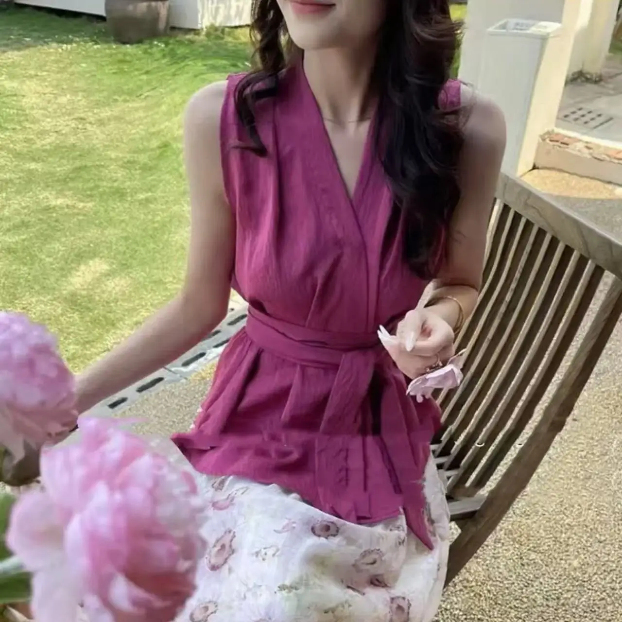 النمط الفرنسي بلا أكمام تانك الأعلى المرأة الصيف موضة جديدة سليم صالح التعادل الخصر قميص #5