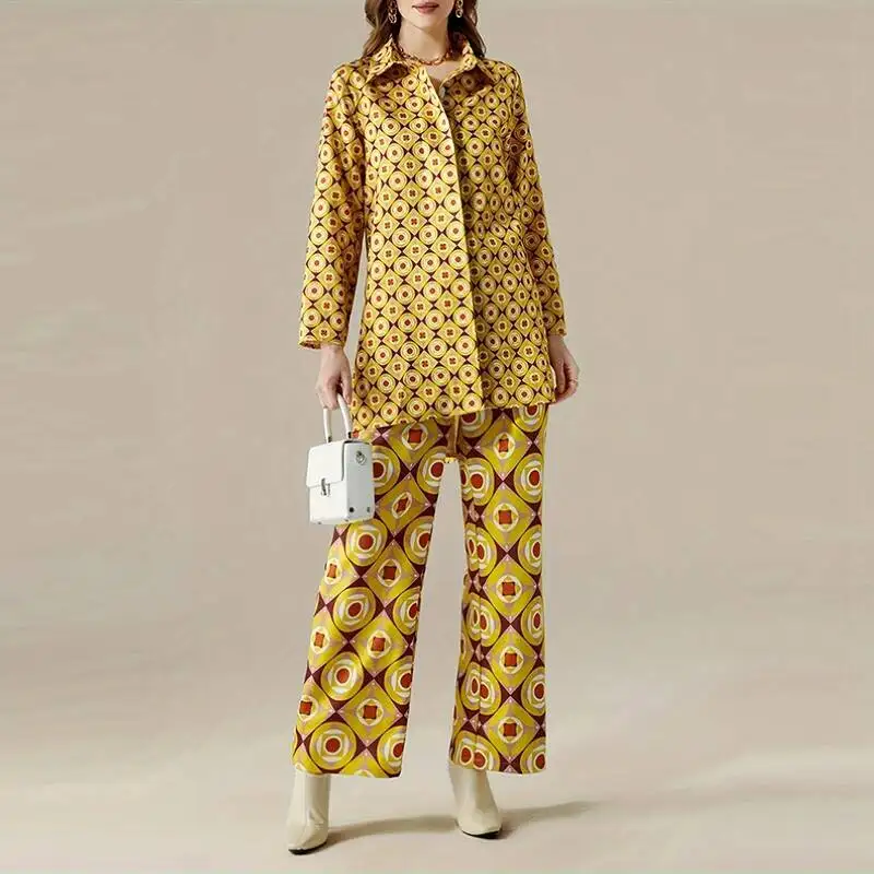 Elegante lapela botão topos conjuntos de pc moda padrão impressão commuter camisa roupas femininas manga casual longo calça terno