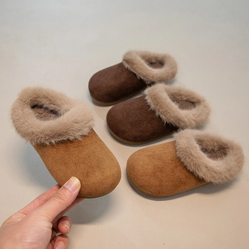

Toddler Girls Cozy Plush Lined Leather Slippers 2025 New Winter Kids Warm-lined Casual Flats Anti-slippery Simple Versatile