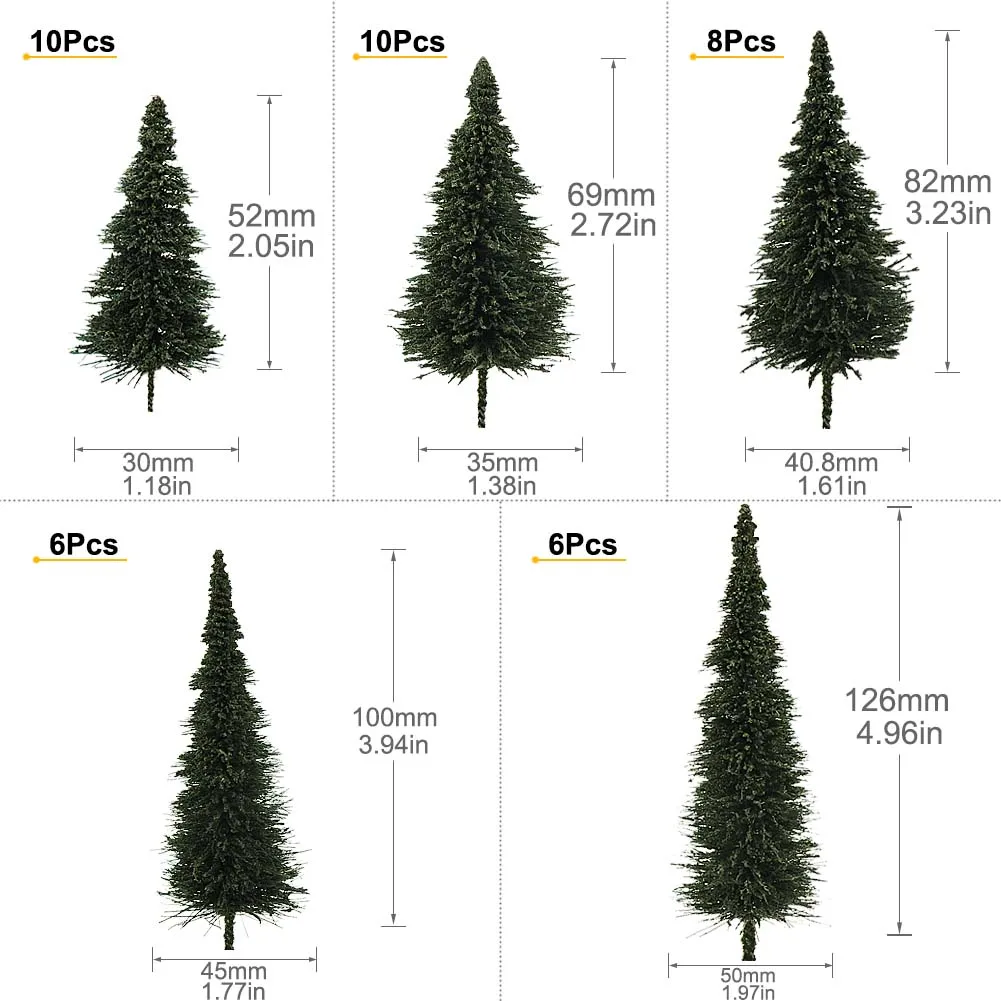 Evemodel 40pcs Mini Scenery Model Pine Trees Deep Green Various Size For HO O N Z Scale Christmas Village