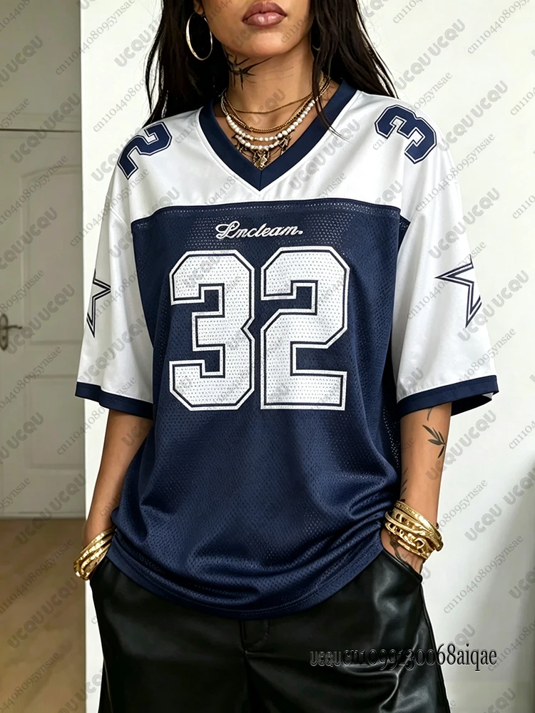 Classic Retro Casual Minimalist Letter No.32 Graphic T-shirts For Women Fashion Street Hip Hop Tees Mesh Sports Jerseys Y2K Tops