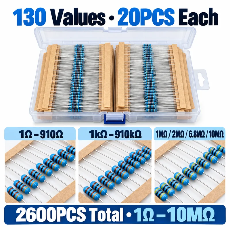 2600PCS Metal Film Resistor Assortment Kit 1/4W 0.25W 1% 130 Values 1 Ohm-10M Ohm 20PCS Each Axial Through Hole Storage Box