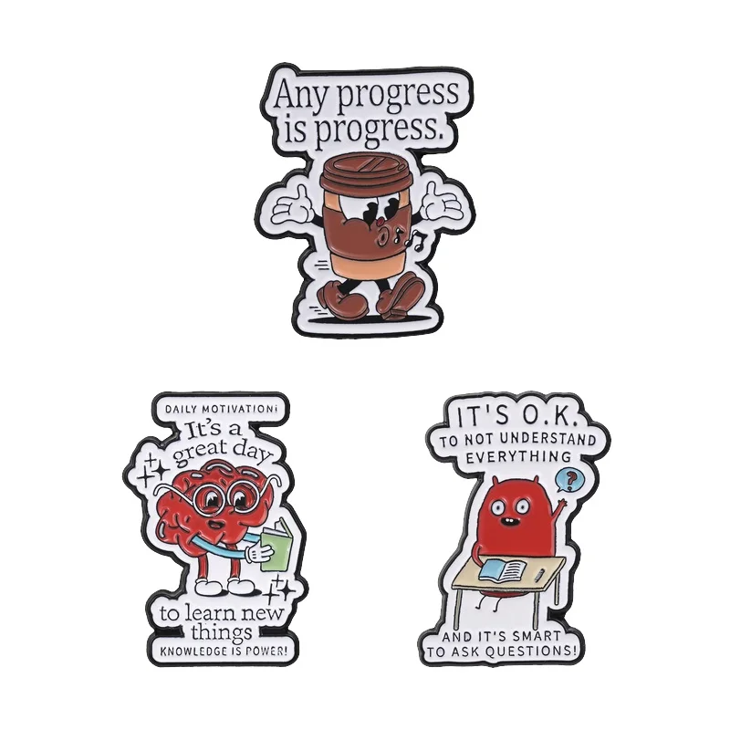 Learning Daily Motivation Enamel Pin Progress Coffee Reading Brain IT'S SMART TO ASK Questions Brooch Lapel Badge for Students
