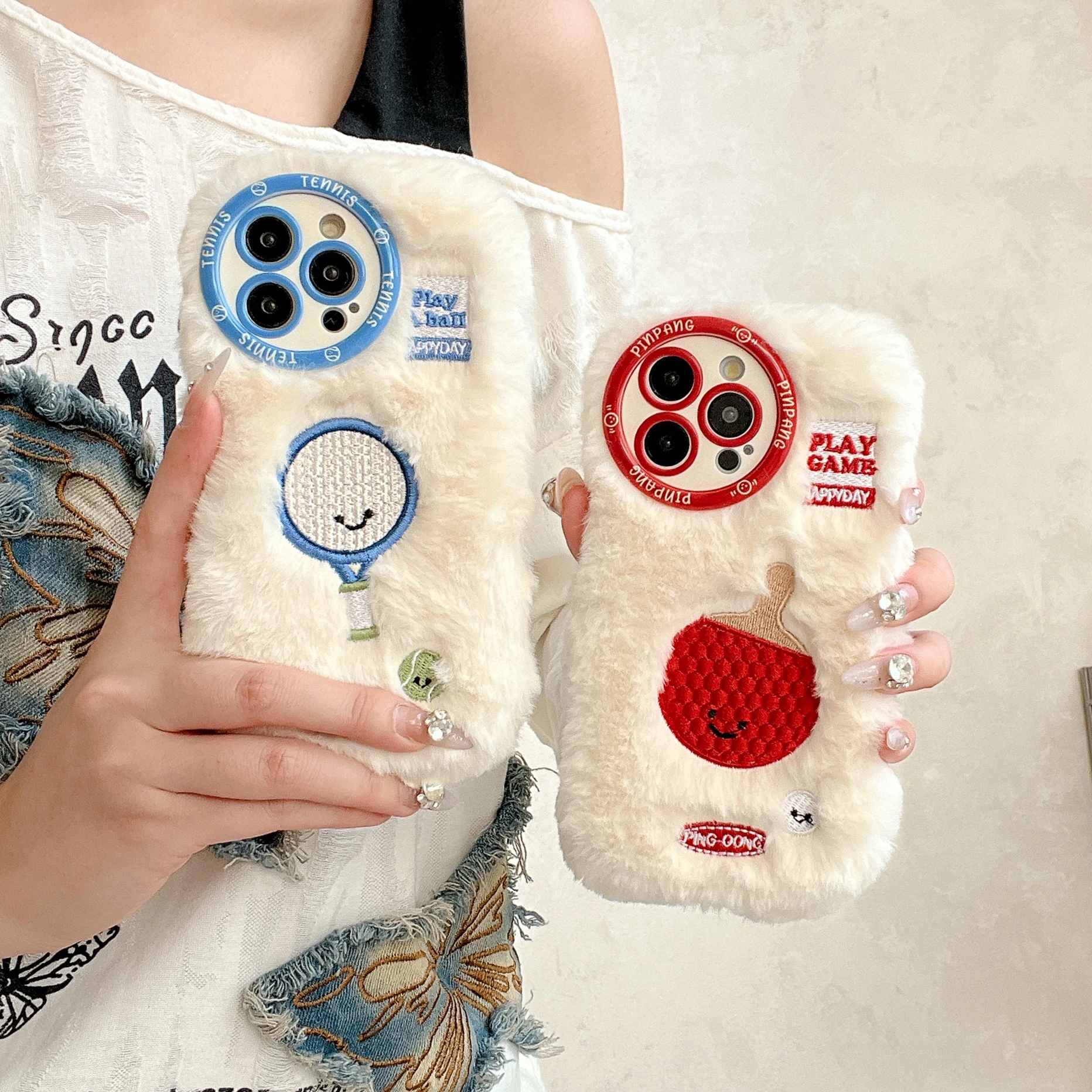 

Embroidered Ping Pong Paddle Plush Phone Case for iPhone 16 15 14 13 Pro Max Fall Winter Warm Plush Phone Case