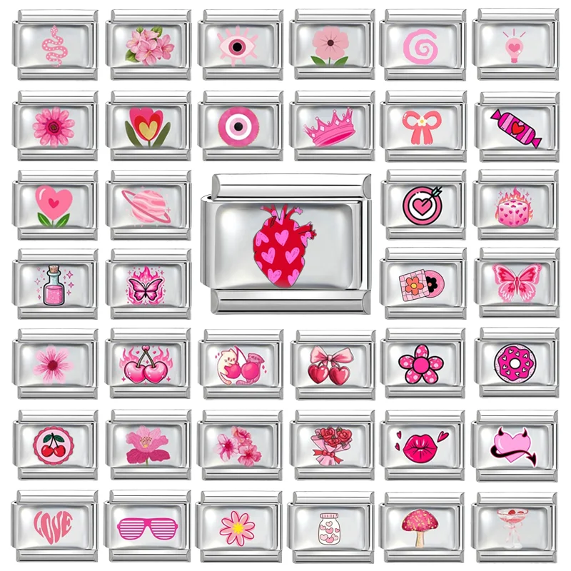 Wholesale Fashion Pink Love Heart Butterfly Planet Dice Cherry Italian Charm Links Fit 9MM Stainless Steel Bracelet DIY Making