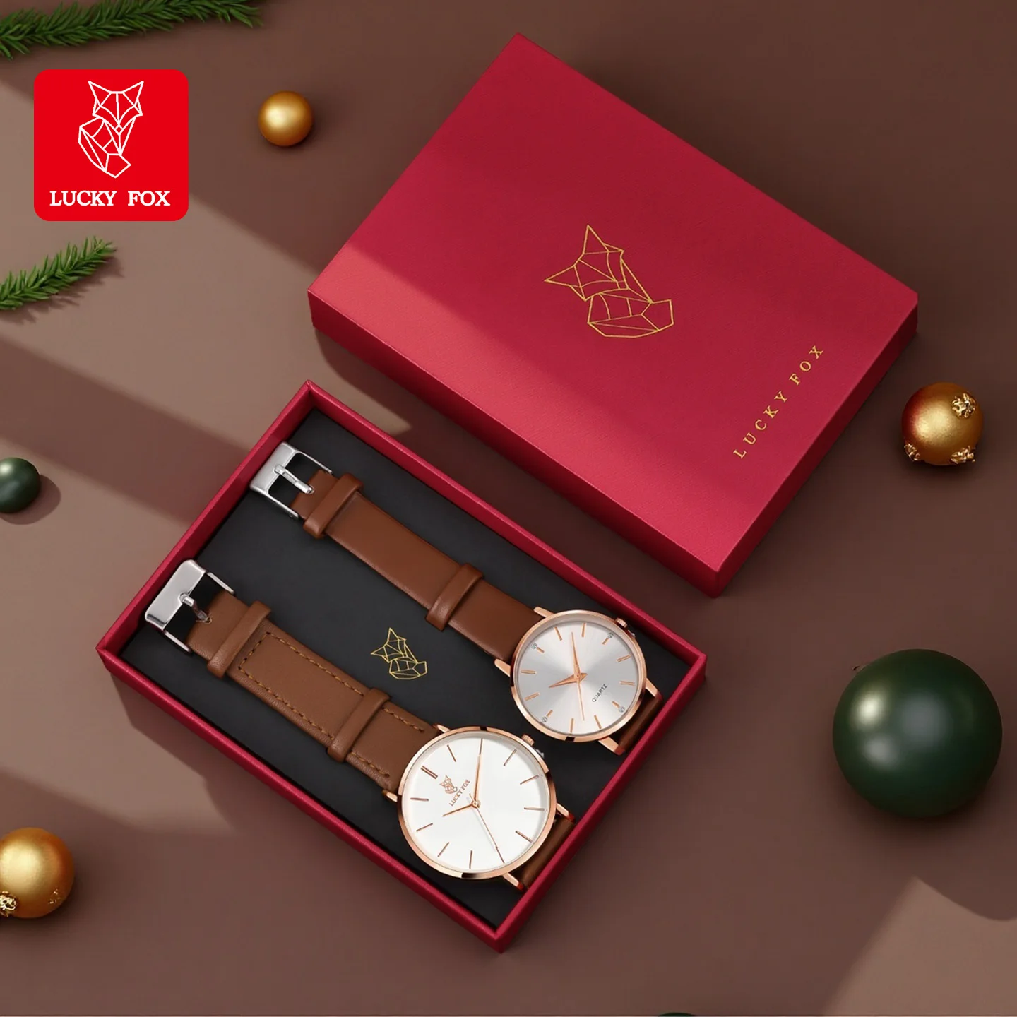 LUCKY FOX 2PCS Couple Watches Men's Business Watches Fashion Pointer Women's Quartz Watches Christmas Gift Box Set