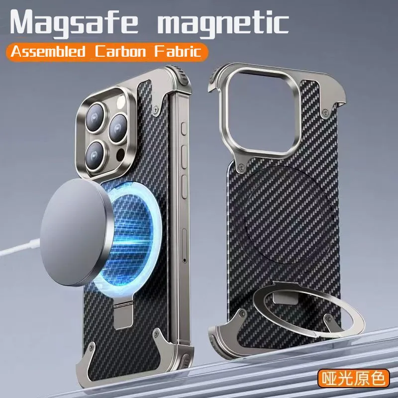 

Magsafe Magnetic Metal Frame Stand Phone Case For iPhone 15 Pro Max 14 Plus Carbon Fiber Backplate Cover Aluminum Phone Bumper