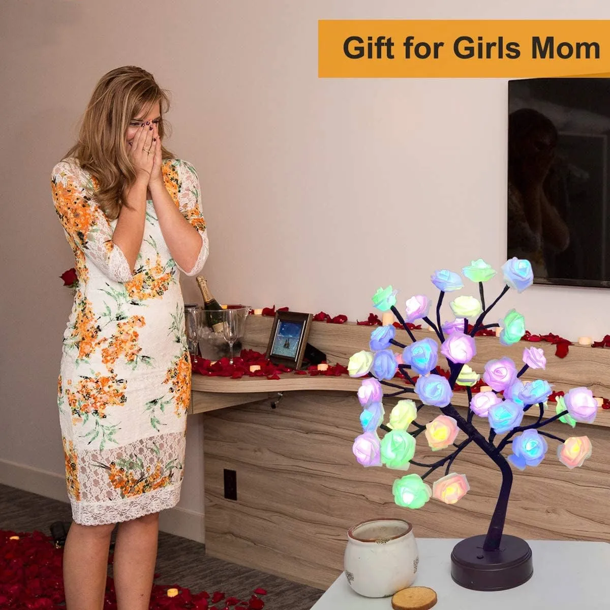 24 LED RGB Rose Flower Tree Lights USB Battery Table Lamp Fairy Night Light Home Party Christmas Wedding Bedroom Decoration Gift