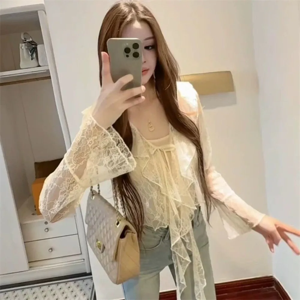 Summer Sweet Women Sun Protection Blouse Fashionable Bell Sleeve Lace Sheer Cardigan Tops Korean Elegant Ruffled V Neck Shirt