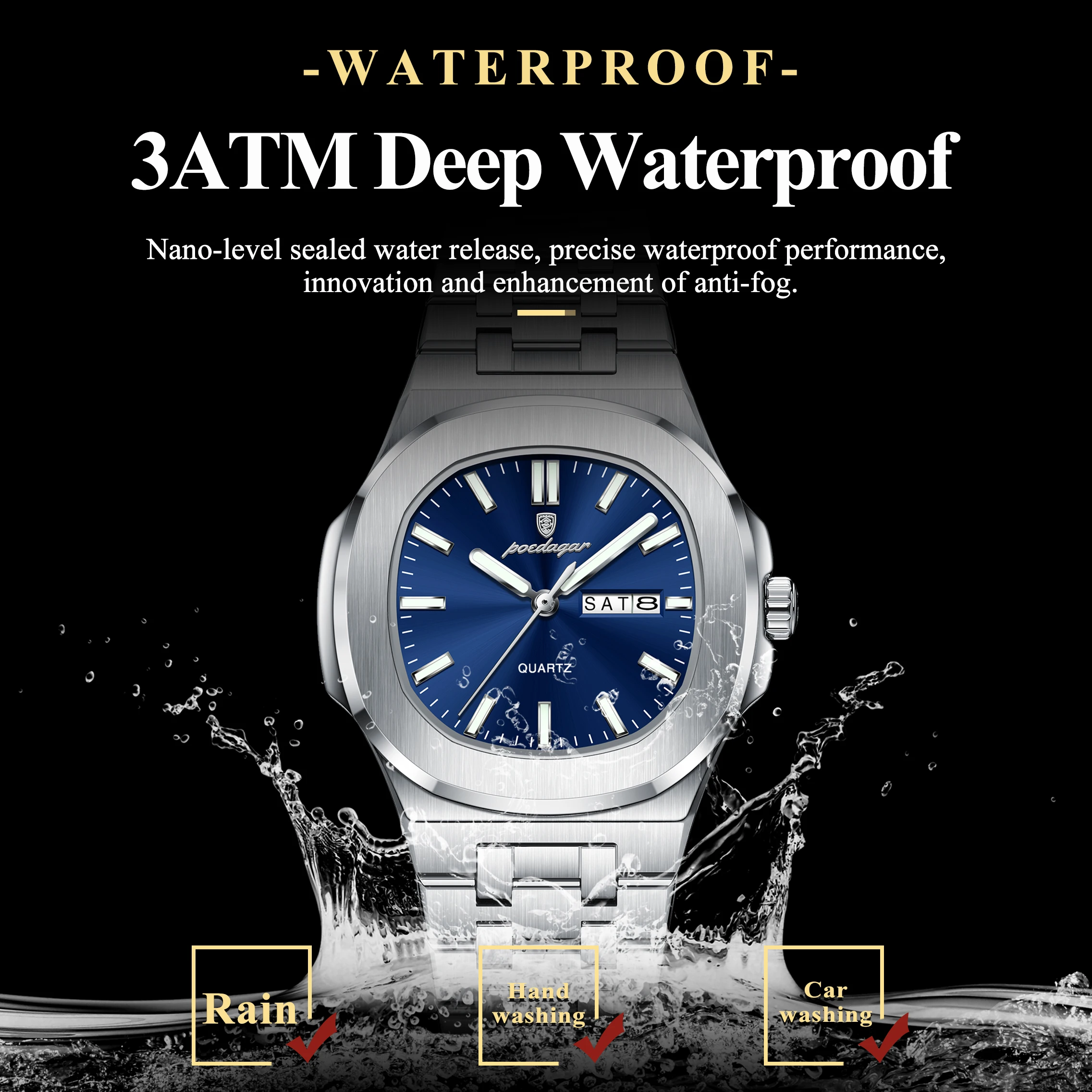 POEDAGAR Exquisite Square Woman Watch Date Week Original Waterproof Luminous Ladies Watch Stainless Steel Quartz Women's Watches view 3