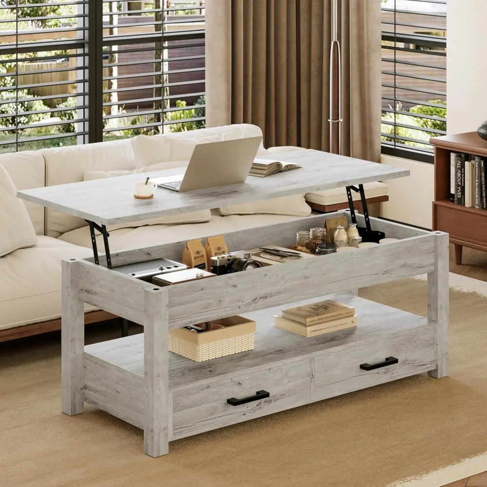 

Large Lift-Top Coffee Table with Storage Drawers & Hidden Compartment, Grey for Living Room